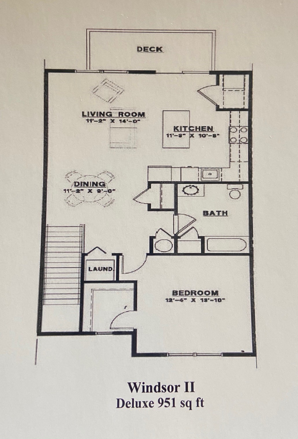Floor plan for 1 bed, 1 bath, 951 sqft